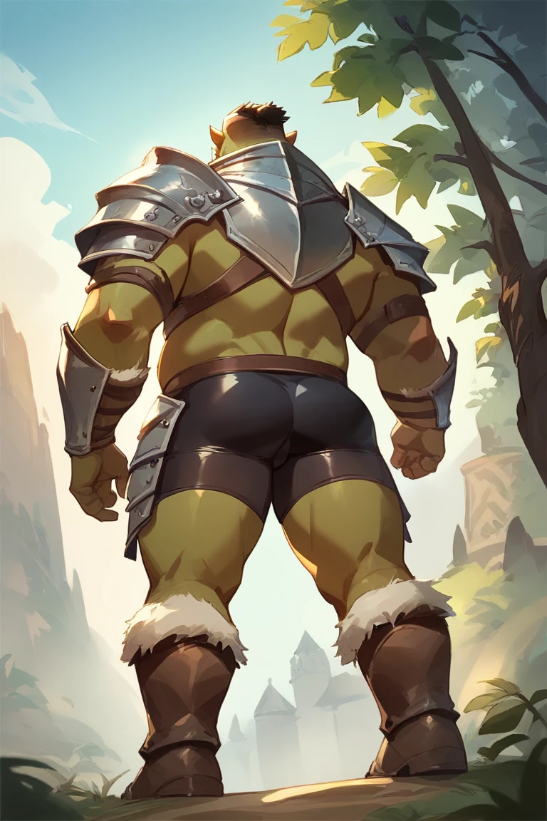 score_9, score_8_up, score_7_up, solo, male focus, chubby male, orc, green skin, tusks, beard, outdoors, armor , shoulder armor, breastplate, day, boots armor , (( black micro tight shorts )) , full body , backside , back side , low-angle