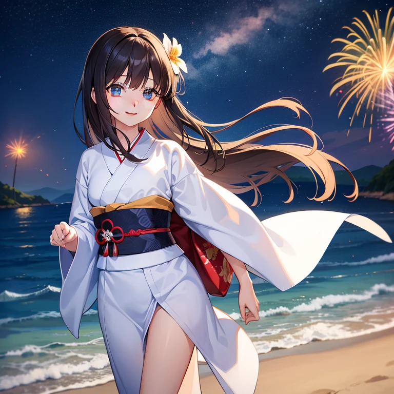 Masterpiece, best quality, ĥighest quality, 8K, One girl, One boy, wears Summer Kimono, Light-colored kimono, Blue-headed flower, Blue Eyes, girl has long Brown hair, boy has short Black hair, firework, Beach, Smile, Night Sky, Walk by the sea, blush faces, holding hands