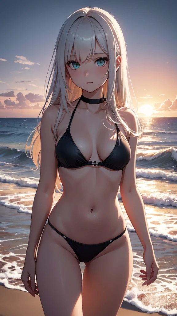 ```
/imagine prompt: A beautiful 21-year-old anime girl with green eyes and white hair lies on the beach at dusk, wearing a black bikini as she gazes toward the setting sun, Nikon D850 capturing her relaxed pose, 50mm lens captures her serene expression against the scenic backdrop, --style raw --ar 16:9 --stylize 100 --weird 800 --quality 25 --niji
```
```
/imagine prompt: A lone young woman relaxes on the sandy beach as evening falls, the orange glow of the setting sun silhouettes her slender figure clad in a simple black swimsuit, surrounded only by the receding tide and darkening sky, creating an air of solitude and introspection, highly detailed anime style brought to life with fine textures, illuminated dramatically by the last light of day, warm tones enhance the natural beauty of the seashore, Panasonic GH5 capturing the scene in cinematic quality, 35mm lens for a scenic wide shot, --chaos 30 --ar 16:9 --stop 90 --stylize 250 --weird 500 --quality 75 --niji
```
```
/imagine prompt: The fading sunlight casts a radiant glow upon the beach, where a solitary female figure lays watching the dusk sky, her youthful features and alabaster skin brought into highlight against the deepening blue backdrop, feeling wholly at peace surrounded only by the expanse of sand and sea below the orange-washed clouds, anime-inspired with an elegant photorealistic touch, illuminated in a dramatic chiaroscuro that accentuates her pensive mien, warm sunset tones wash the scene, Canon EOS R5 capturing the moment's magic through a cinematic lens, 70-200mm focal length brings intimacy to her distant dreamscape, --chaos 25 --ar 16:9 --stop 85 --stylize 300 --weird 300 --quality 75 --niji
```