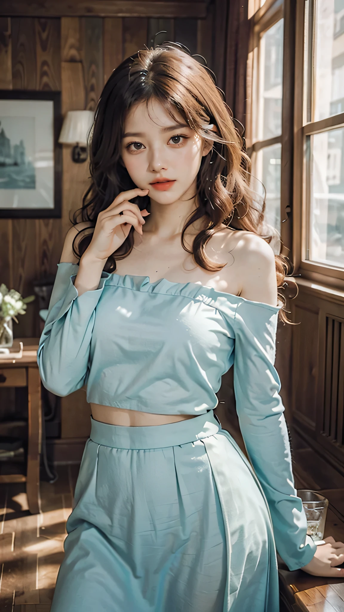 detailed background, masterpiece, best quality, 1 person , curly hair, long hair, purple eyes, star in eye , turquoise Strapless blouse, long  skirt, cute different poses, indoor wood furniture ,light wood color,, upper body 