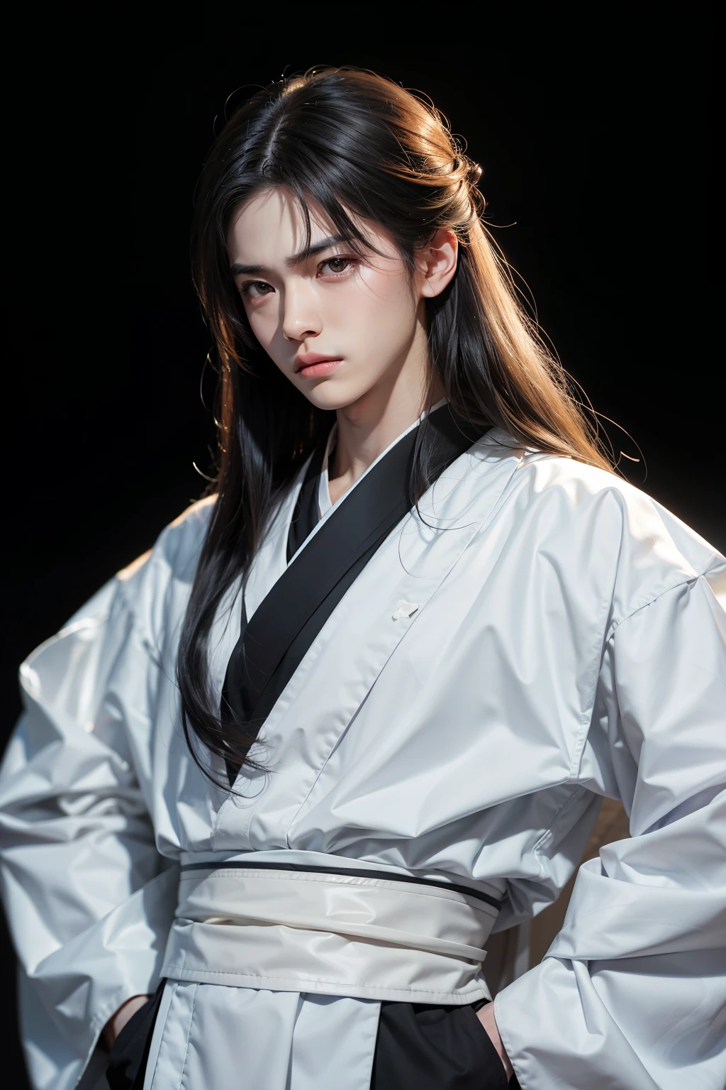Asian boy with long hair, black eyes, serious look, 18 years, pale skin, white kimono