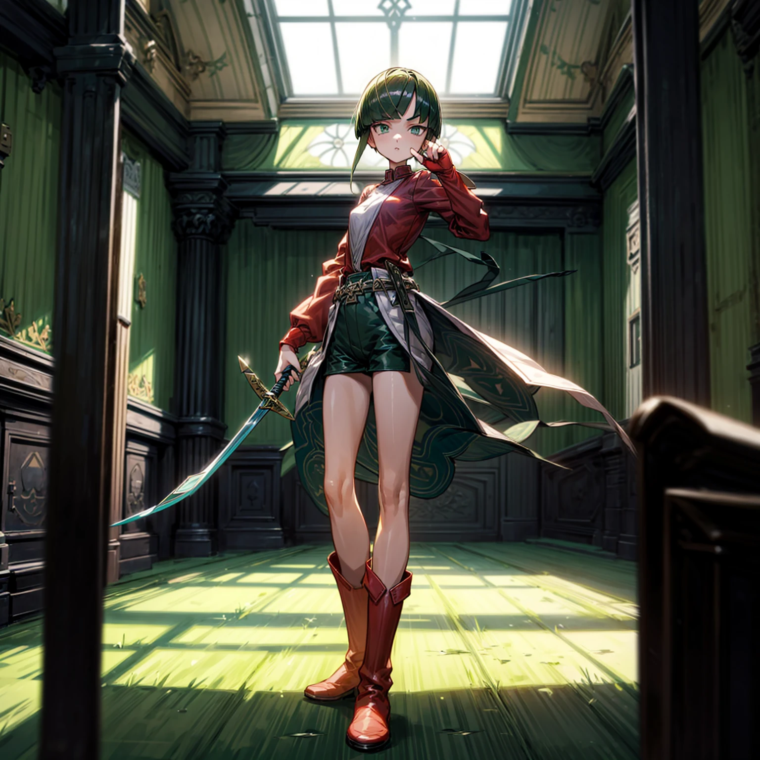 1girl, Full body version, 1character, green eyes, short haircut, green color hair, soldier style clothing, red colour clothing, boots, Grassroots, background indoor building city, motion blur, (detective conan style art), standing gesture, sword in hand 