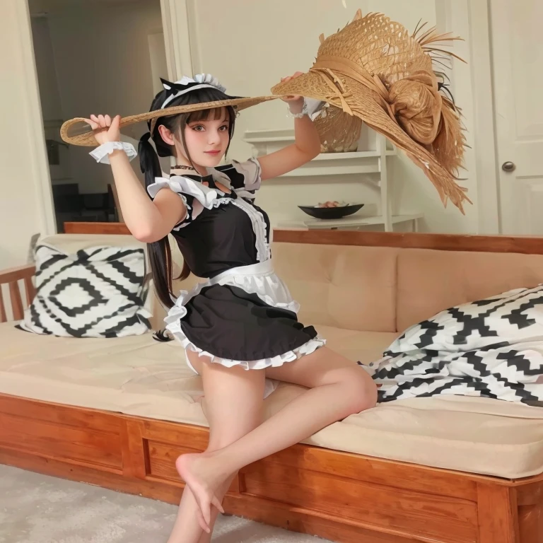 Tween girl dressed in a black and white outfit and a straw hat, gorgeous maid, wearing maid uniform, maid, maid outfit, french maid, maid costume, , maid dress, anime girl in a maid costume, cosplay of a catboy! maid! dress, hot petite, girl, with black pigtails, hot teen girl,