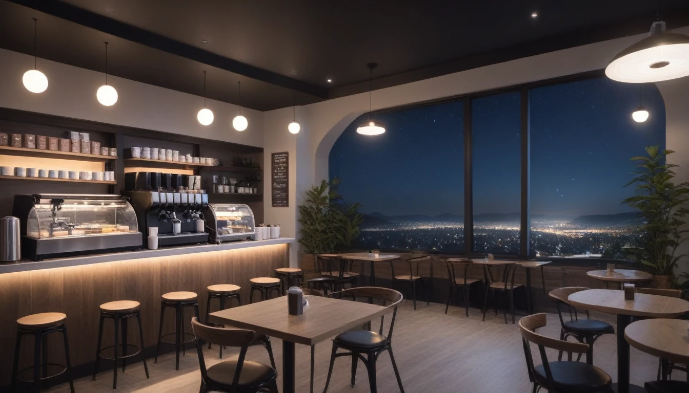 at night, frontal shot coffee shop interior, tables with coffee cups, and a big window in the center