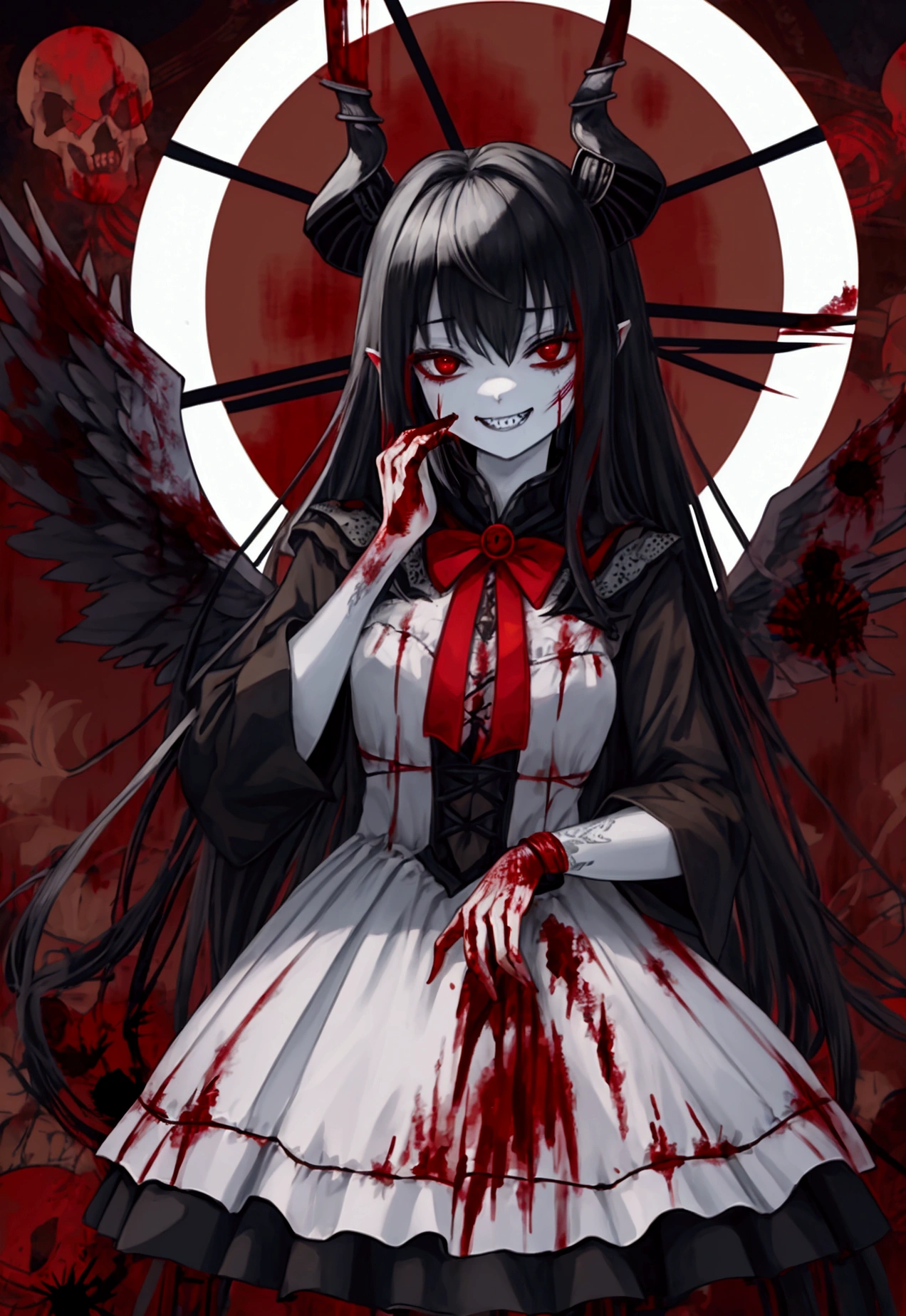 (Highest quality,4K,High resolution,masterpiece:1.2),Very detailed,(masterpiece: 1.2, Highest quality),Long black hair, (Best lighting, とても繊細でbeautiful), (Best lighting, とても繊細でbeautiful), (Beautifully detailed face), (Eyes and face with attention to detail: 1.2), , Dynamic Lighting, edgClussy_Female exe, Exe, teeth, Horror (theme), Red eyes, smile, sharp teeth, Shine, dark, Blood, tongue, Grin, Shine eyes, evil smile,Dark fantasy, (Young girl, Little Beast, One Girl, alone, クレイジーなsmile, Pale skin, ((Big tattoos all over the body)), Gray Hair, Red glowing eyes, Dynamic Angle, 吸Blood鬼), ( Get a 吸Blood鬼 castle in the background), (Red Moon, Red Sky), pointed_ear, teeth, devil&#39;wing, devil horns, 顔にBloodがついていた., Bloodの雨, Bloodの霧, (Written boundary depth), High Contrast, (Bloodしぶき: 1.4), Cowboy Shot, whole body,,Spooky altar background,Dark fantasy,Red color scheme,Ominous atmosphere,Eye-catching,Storytelling,anatomy,Anime Style,Concept Art,beautiful細部までこだわった顔と (((Red eyes ))),A terrifying ritual ,devilの儀式,Premature death,Misconduct,クレイジーなsmile,Scythe Face,Girl Monster, beautiful, Delicate facial features, Sharp Eye, Sharp Fangs, Pale skin, Thick chain, dark背景, Cinema Lighting, Dramatic Shadows, Gothic style, Gloomy atmosphere, Dark fantasy, One Girl, , Please open your mouth wide, 口を開けてteethをむき出しにする,獣のような鋭いteeth, Wide lips, very wide mouth, Vermilion cheeks, ,(Bloodしぶき:1.4),怖いsmile, smile,Fallen angel design, ねじれたsmile、Bloodまみれの、頭からの出Blood,,、Bloodしぶき、,(Bloodしぶき:1.4),Crossbones, skull,Horrorスタイル, ((Fantasy Fallen Angel Costume)), ((Flowing black hair)), ,(Bloodしぶき:1.4),Female curves, Sexy flat stomach, Perfect hands, Perfect anime face, ((White Lolita Dress)), Are standing, ((邪悪なsmile)), ,(Bloodしぶき:1.4), Steam circulates, Moonlight Illumination, night lighting, disaster々新しいdevilの角,,(Bloodしぶき:1.6),アニメFallen angel design, ねじれたsmile、Bloodまみれの、頭からの出Blood,,、Bloodしぶき、,(Bloodしぶき:1.4),Crossbones, skull,Gothic architecture、Western architecture、Fantasy World、,Victorian cities, Skeleton Gas Light,