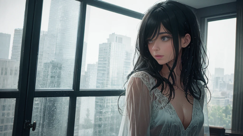 {best quality}, {very aesthetic}, {ultra-detailed}, {8k}, {Super elaborate face}, {Super-smart body},　Wet day, A woman looking out the window indoors, An ennui atmosphere,　Super fine hair, flat chest,