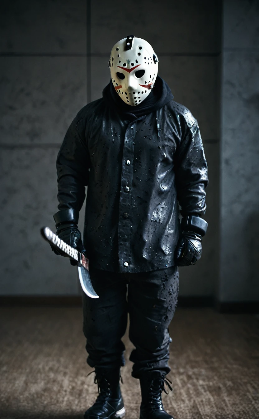 Full Body Shot、dark森の中の背景、Aggressive pose、8k、Dark fantasy、Jason、Tattered clothes,Torn clothes、Have a machete、Hockey Mask、Skinhead、Friday the 13th、Give the viewer a malicious look, Grabbing Viewer, For the viewer,Shallow depth of field, Vignette, Very detailed, High budget, Bokeh, CinemaScope, Sulky, amazing, nice, Film Grain, granular . Creepy, Anxious, dark, Creepyな, Suspenseful, strict, Very detailed