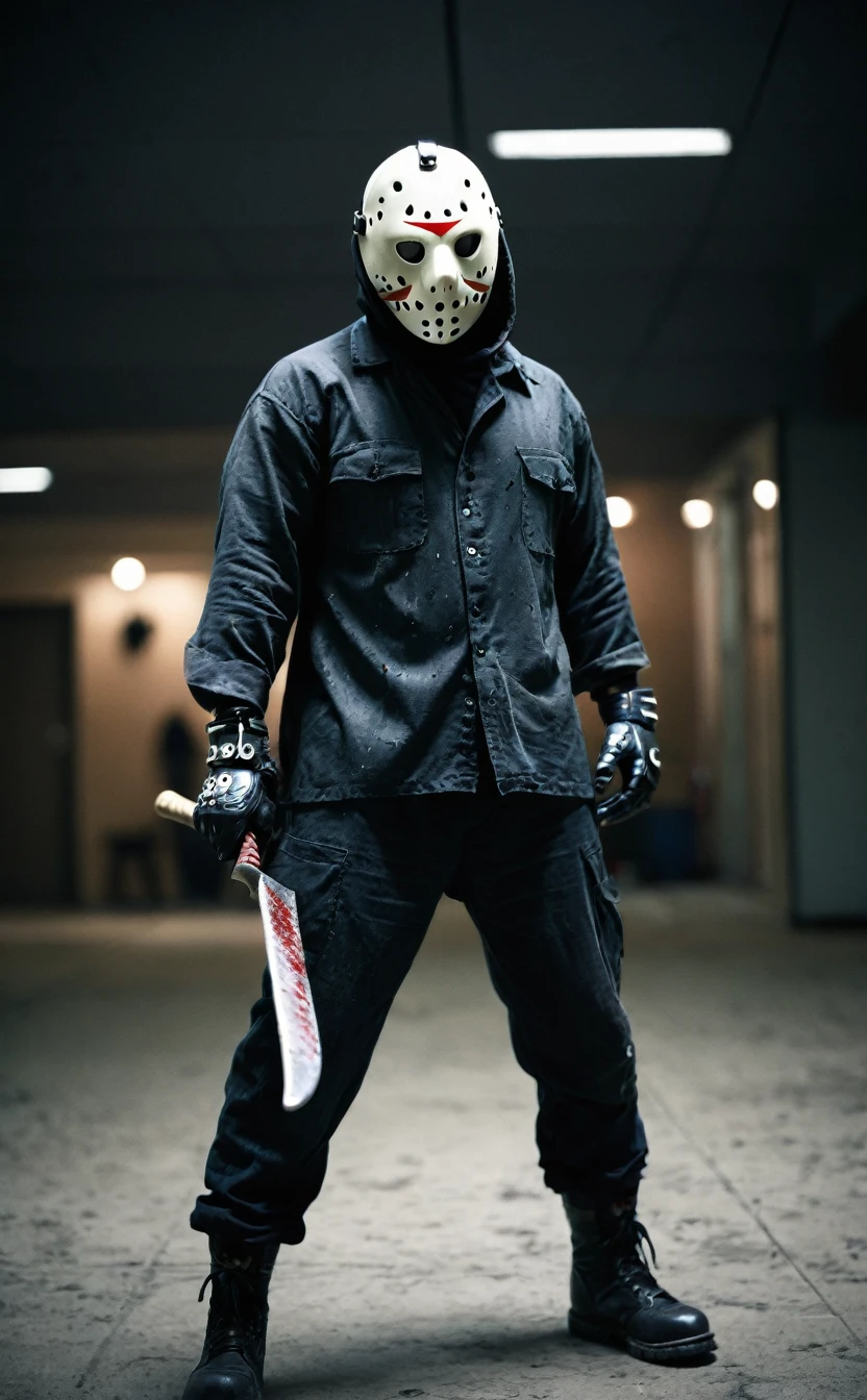 Full Body Shot、dark森の中の背景、Aggressive pose、8k、Dark fantasy、Jason、Tattered clothes,Torn clothes、Have a machete、Hockey Mask、Skinhead、Friday the 13th、Give the viewer a malicious look, Grabbing Viewer, For the viewer,Shallow depth of field, Vignette, Very detailed, High budget, Bokeh, CinemaScope, Sulky, amazing, nice, Film Grain, granular . Creepy, Anxious, dark, Creepyな, Suspenseful, strict, Very detailed