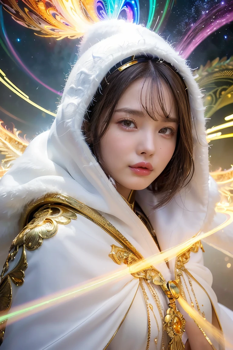 (masterpiece, top quality, best quality, official art, beautiful and aesthetic:1.2), (1girl), extreme detailed eyes, (fractal art:1.3), colorful, highest detailed, (perfect face), shiny skin, HDR, (white cloak golden lines:1.2), galaxy, (light streaks), striking visuals, (dynamic streaks, luminous trails:1.2), vibrant colors, (phoenix), (dragon)