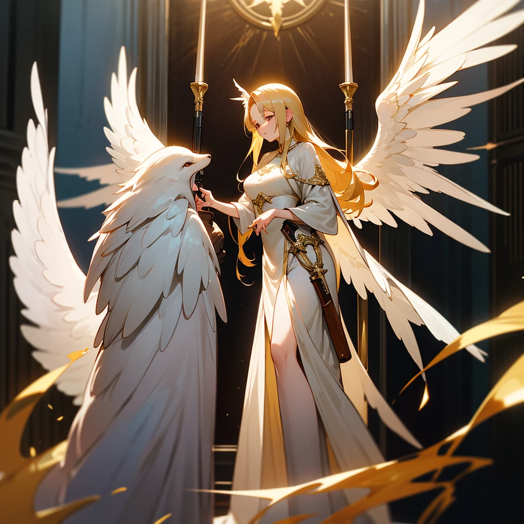 high resolution、Archangel Michael、The motif、A dignified, elegant and refined adult woman。Long hair、Large white angel wings、The light dress is white、With gold as the main。
With a gun in hand、Standing、Hall々It is said that。
like medieval europe、Fantasy、美Shii、god々Shii。