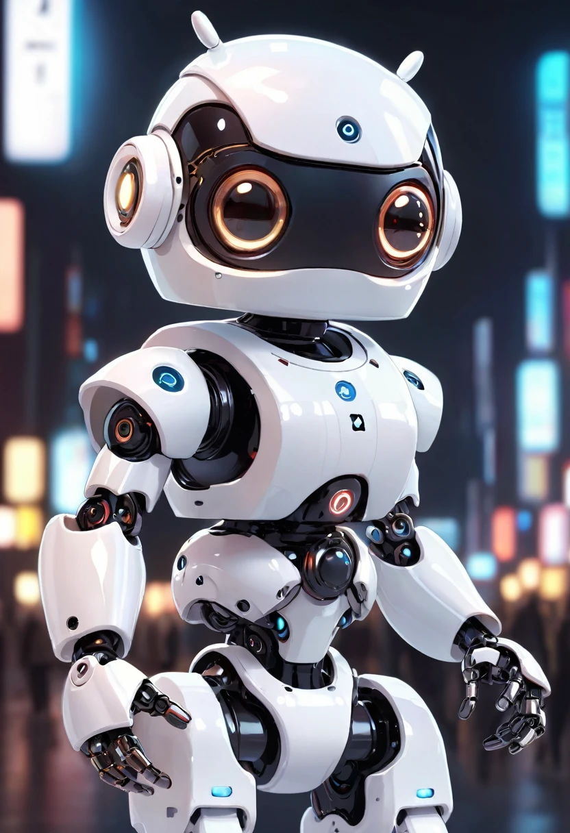 Dice-themed robot, A cute robot、Big eyes、antenna、Electronic display panel on chest、Holding the microphone close to your mouth、whole body、Background is white、3D Rendering, Jongsuk Lee, Digital Art, Adorable glowing creatures,  Futuristic Gear Shiny White Armor、
