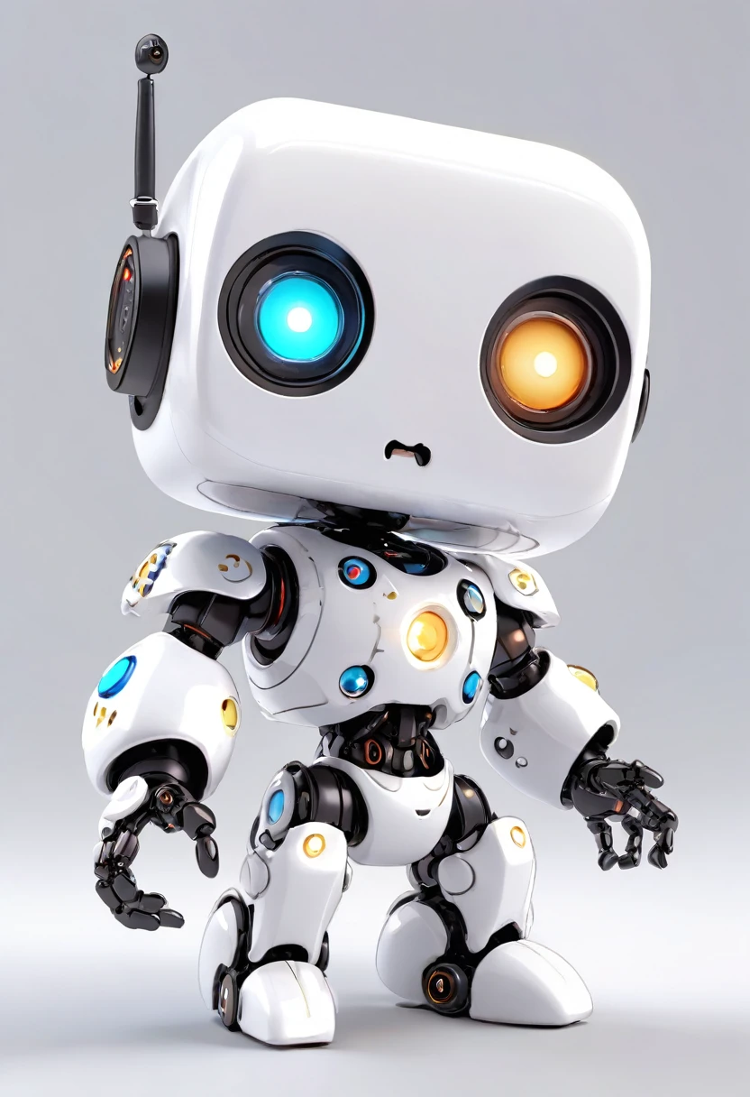 Dice-themed robot, A cute robot、Big eyes、antenna、Electronic display panel on chest、Holding the microphone close to your mouth、whole body、Background is white、3D Rendering, Jongsuk Lee, Digital Art, Adorable glowing creatures,  Futuristic Gear Shiny White Armor、