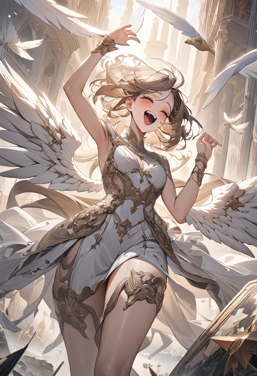 ((Highest quality)),(Ultra-high resolution),(Ultra-detailed),(Detailed depiction),((Best Photos)),(A masterpiece of art),Ultra-detailed art,The art of astonishing depiction, (1. Female Angel:1.5),Laughter,Flapping,fluttering feathers
