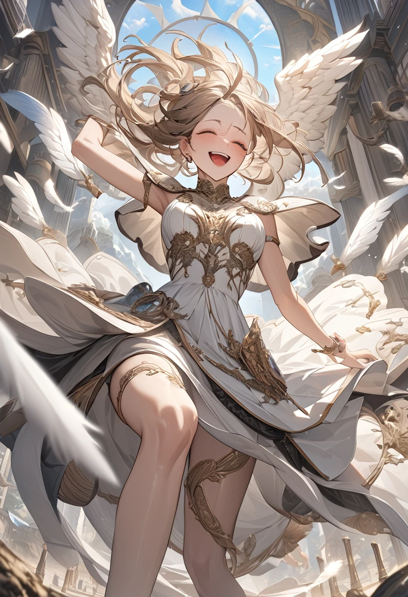 ((Highest quality)),(Ultra-high resolution),(Ultra-detailed),(Detailed depiction),((Best Photos)),(A masterpiece of art),Ultra-detailed art,The art of astonishing depiction, (1. Female Angel:1.5),Laughter,Flapping,fluttering feathers