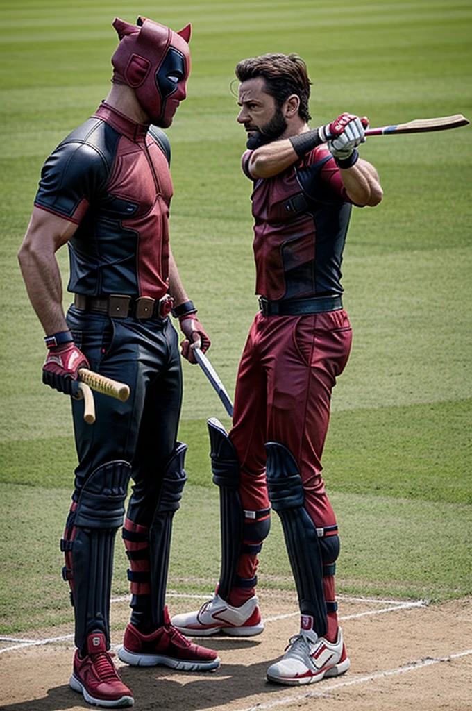 Generate an image of deadpool and wolverine playing cricket