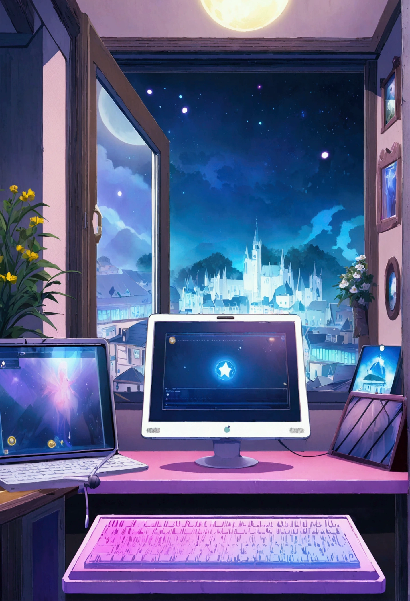 on the desk、No people、tablet、liquid crystal、moon、Purple Lights、Purple Neon、Purple gradient、pc monitor、liquid crystaltablet、smartphone、wall、dark atmosphere、Blue Neon、Blue Star、keyboard、Vocal Microphone、headphone、Large windows、scenery、white flowers and a laptop on a desk in front of a window, a digital painting inspired by Uragami Gyokudō, pixiv contest winner, magical realism, magic lab background, magical background, background art, personal room background, random background scene, anime background art, cozy cafe background, fairy tale style background, background artwork, mobile game background