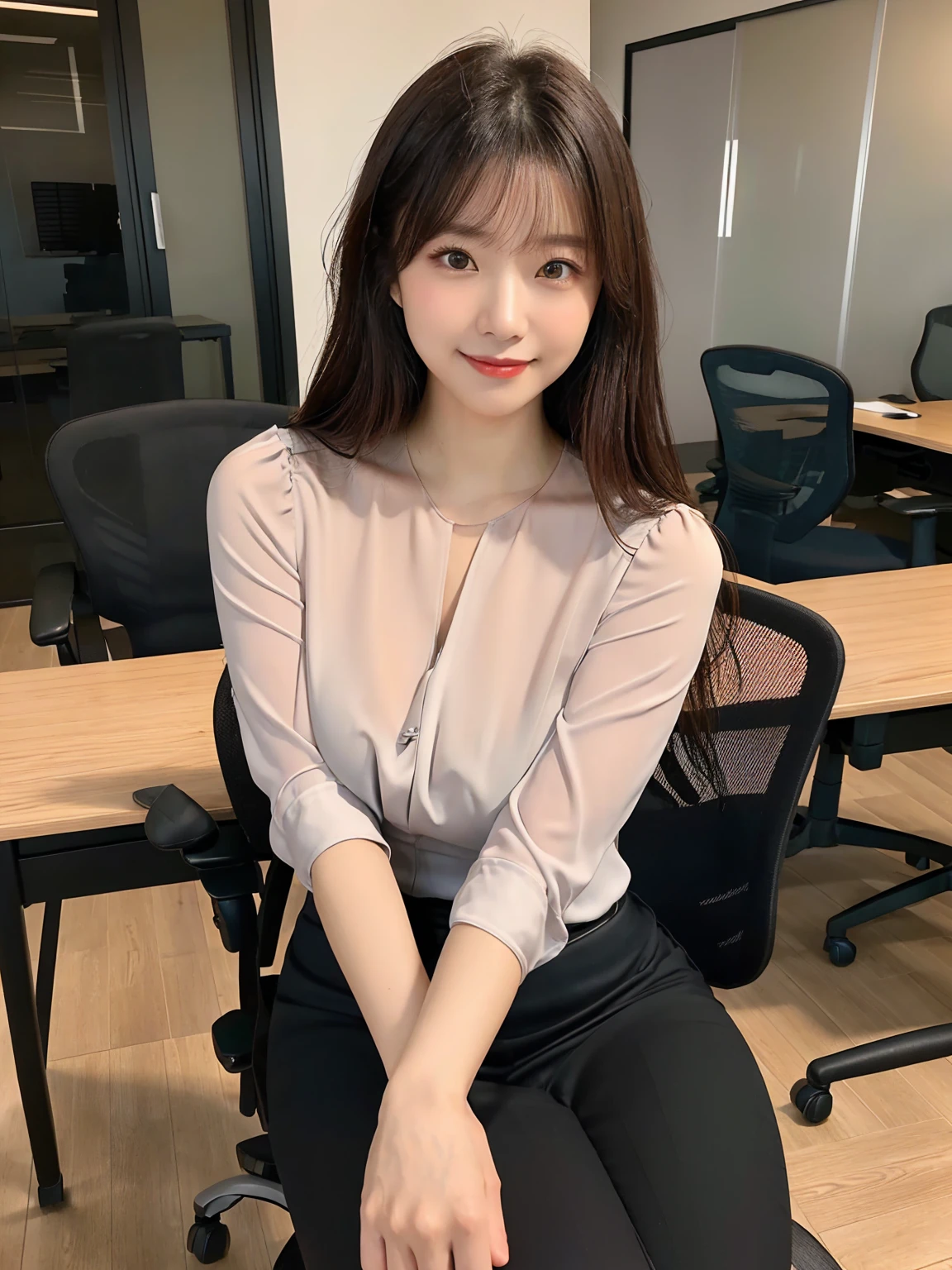 ((Straight, shoulder-length black hair,Shiny hair))、(((目が細くLight eye makeup)))、(()), (Random, Shy pose)), (()), Half Japanese and half Korean、23-year-old woman, cute, beautiful, fun, (((Embarrassing, blush))), Light eye makeup, Brown Hair Color, (natural large breasts:1.4), Average pretty woman, Ultra-realistic faces, Smiling expression, 詳細なShiny hair, Beautiful Hair,Soothing lighting effects, Ultra-Realistic Capture, Very detailed, High resolution, 16K, Human skin close up、((Natural skin texture, Detailed skin, Healthy Skin)), Even Tone, Natural light, Natural colors, High quality photos taken by modeling agencies, ((cowboy shot)), (To the audience), ((Office, company)), ((At work, meeting), (((sitting on the Office chair:1.3))), ((())), ((cute, natural color , Random color, cute blouse:1.3))),