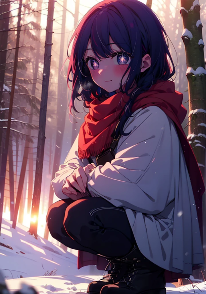 aihoshino, Ai Hoshino, Long Hair, bangs, (Purple eyes:1.1), Purple Hair, (Symbol-shaped pupil:1.5), smile,,smile,blush,white breath,
Open your mouth,snow,Ground bonfire, Outdoor, boots, snowing, From the side, wood, suitcase, Cape, Blurred, , forest, White handbag, nature,  Squat, Mouth closed, Cape, winter, Written boundary depth, Black shoes, red Cape break looking at viewer, Upper Body, whole body, break Outdoor, forest, nature, break (masterpiece:1.2), Highest quality, High resolution, unity 8k wallpaper, (shape:0.8), (Beautiful and beautiful eyes:1.6), Highly detailed face, Perfect lighting, Highly detailed CG, (Perfect hands, Perfect Anatomy),