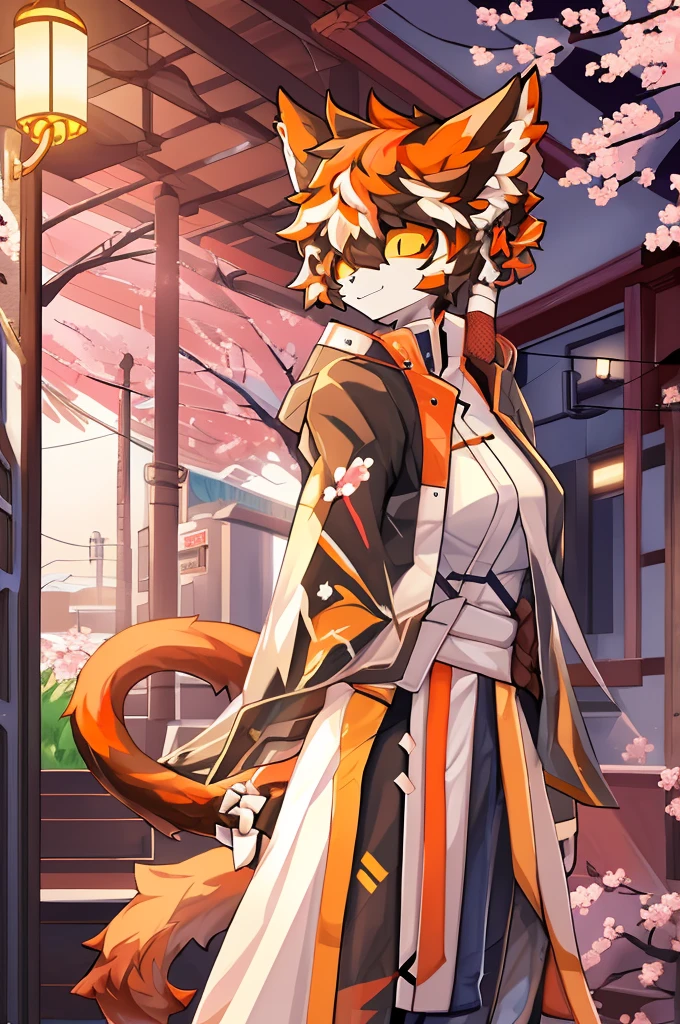 ((best quality, masterpiece, perfect anatomy, detailed picture)), yamame513, furry, 1female, Aak, (Arknights), sexy body, breasts, black sclera, cat tail, wallpaper, portrait, illustration, retro, in the cherry blossom alley