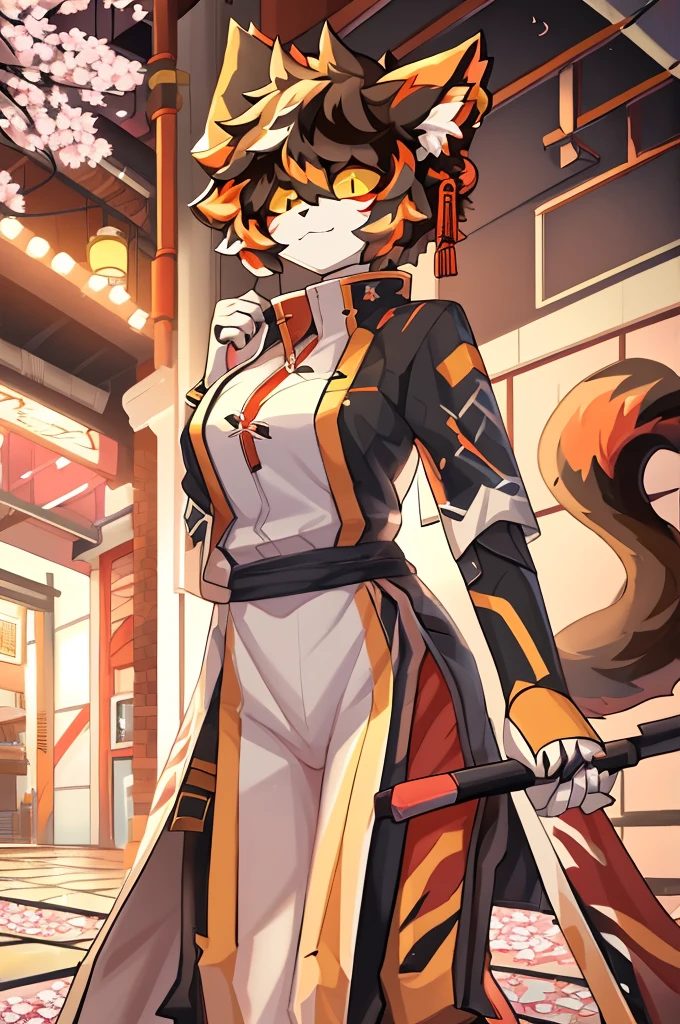 ((best quality, masterpiece, perfect anatomy, detailed picture)), yamame513, furry, 1female, Aak, (Arknights), sexy body, breasts, black sclera, cat tail, wallpaper, portrait, illustration, retro, in the cherry blossom alley