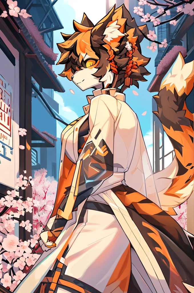 ((best quality, masterpiece, perfect anatomy, detailed picture)), yamame513, furry, 1female, Aak, (Arknights), sexy body, breasts, black sclera, cat tail, wallpaper, portrait, illustration, retro, in the cherry blossom alley