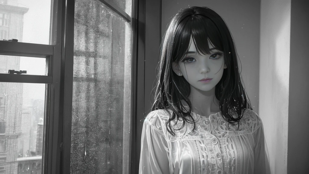 {best quality}, {very aesthetic}, {ultra-detailed}, {8k}, {Super elaborate face}, {Super-smart body},　Wet day, A woman looking out the window indoors, An ennui atmosphere,　Super fine hair, flat chest,