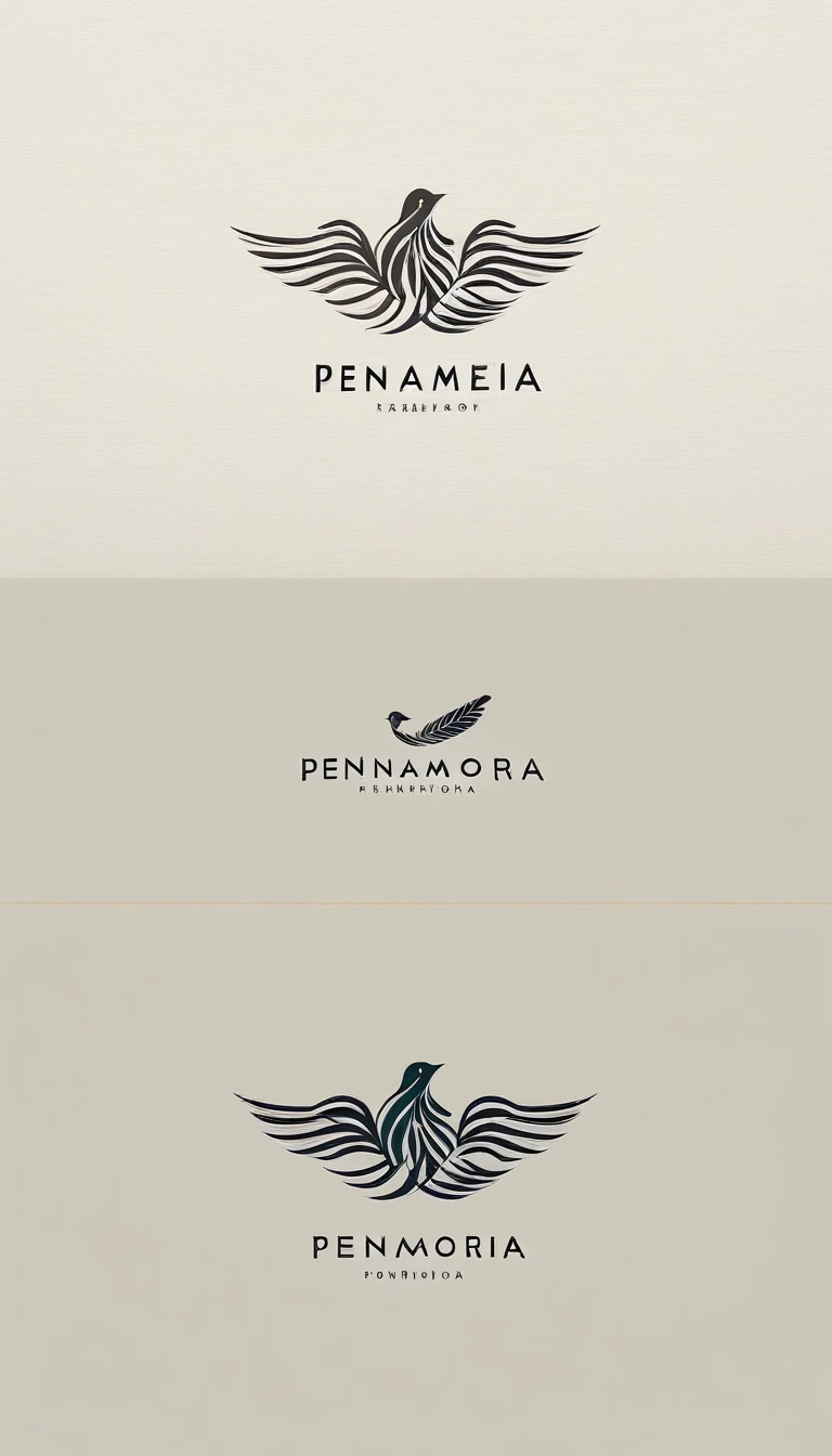 A minimal, modern, simple, cinematic logo design for the brand “Penamemoria". Create a modern, minimalistic, high-quality, logo of a feather-bird