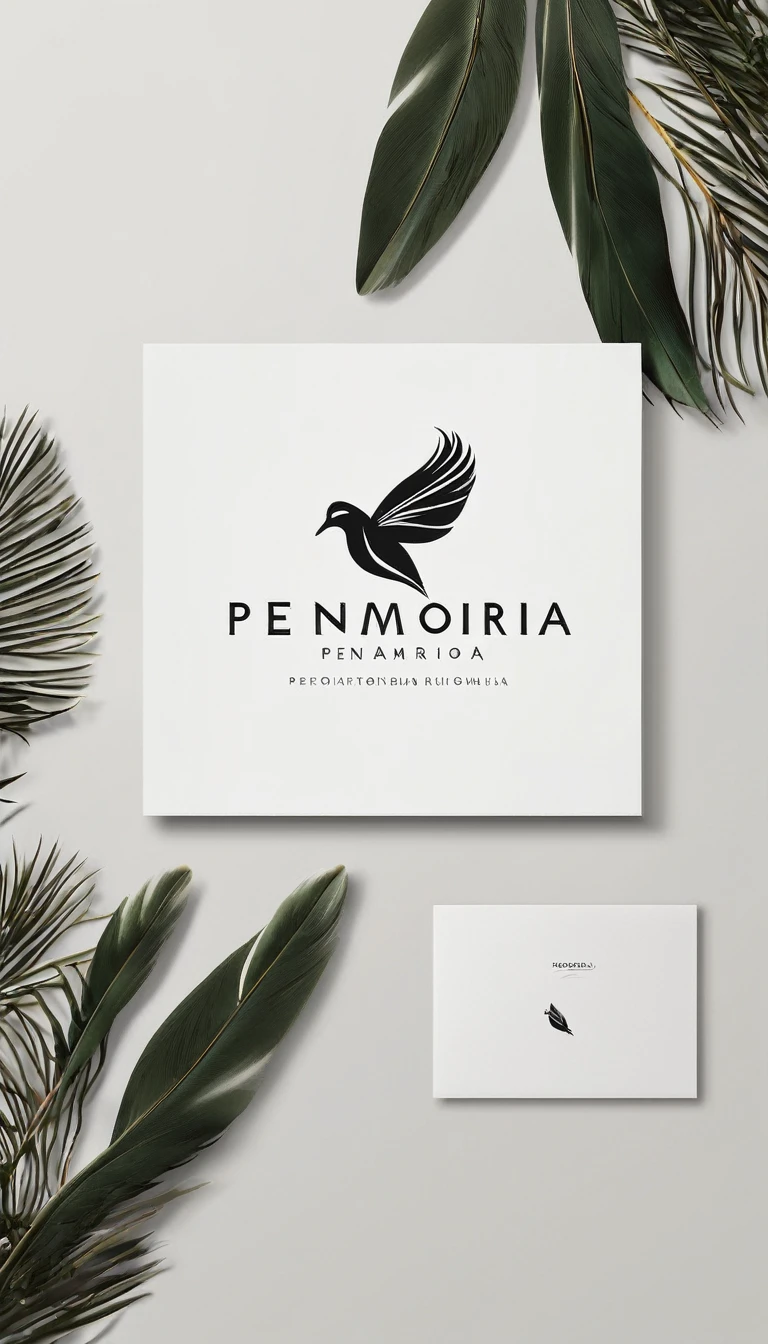 A minimal, modern, simple, cinematic logo design for the brand “Penamemoria". Create a modern, minimalistic, high-quality, logo of a feather-bird