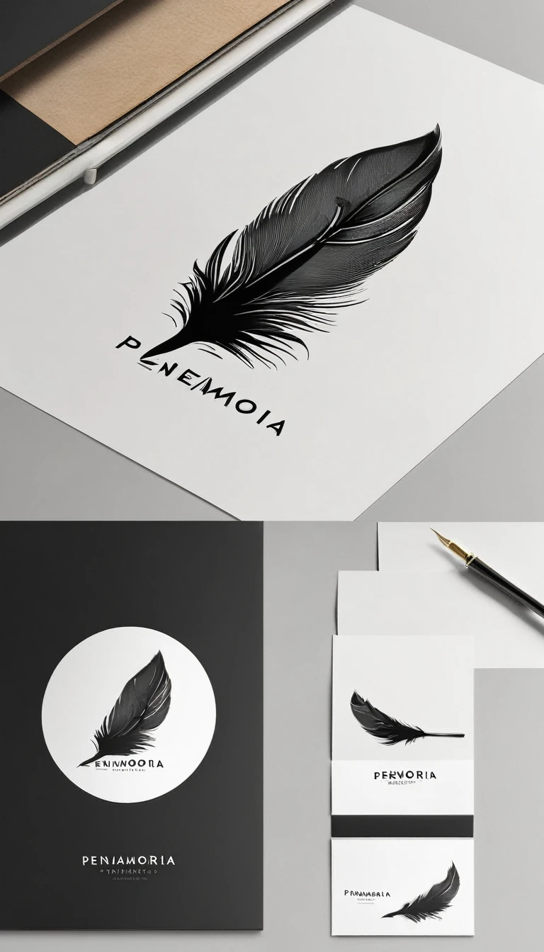 A minimal, modern, simple, cinematic logo design for the brand “Penamemoria". Create a modern, minimalistic, high-quality, logo of a feather-bird