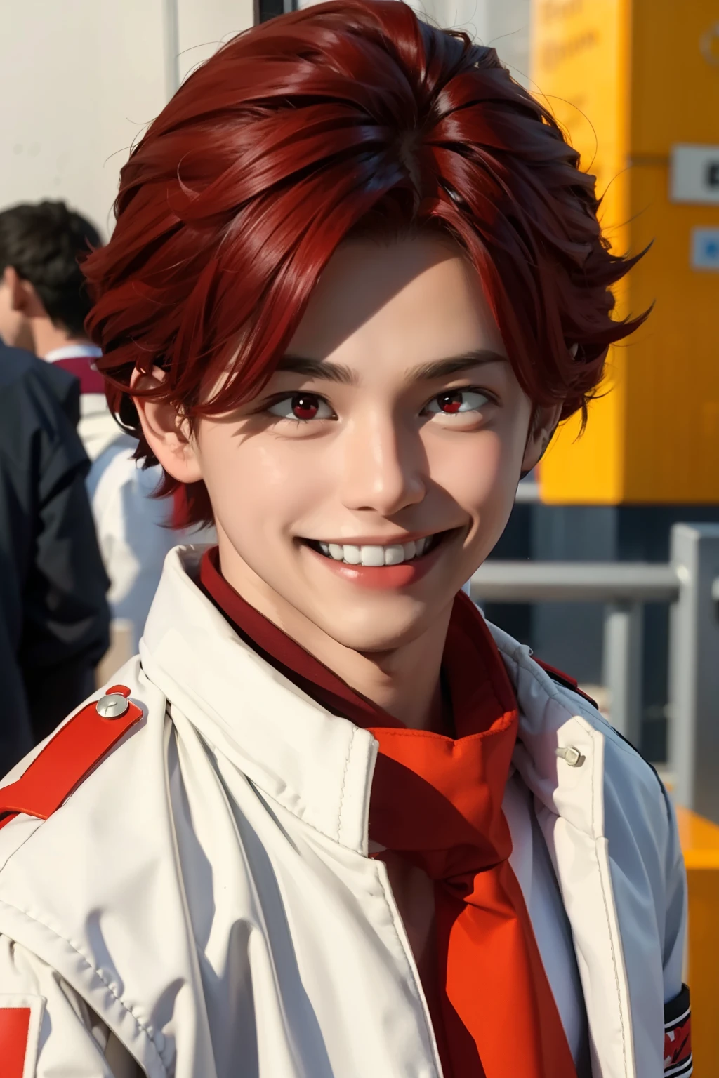 Young man with red hair, SMILING, red eyes.  14 year old boy, white wool jacket.