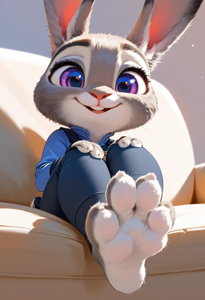 Solo, score_9,score_8_up score_7_up, anthro, female, Judy Hopps, rabbit, smiling, sitting on couch, laying down, close up, three toes, 3 toes, feet, rabbit paws, rabbit feet, fluffy feet, (focus on feet:1.2), (close up on feet:1.2), cute paws, furry paws, (sfw:1.2), cute, extreme low angle shot