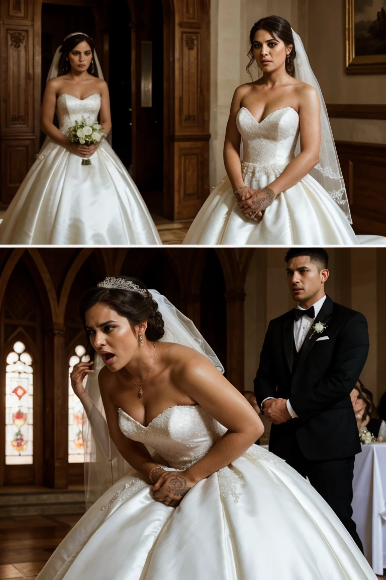 The prompt is below:
"A dramatic and intense wedding scene with a bride looking shocked and angry. The background should be somewhat blurred, focusing on the emotional expressions of the bride and groom. The bride is dressed in a traditional white wedding gown, and the groom is in a black tuxedo. The setting is a wedding venue with guests in the background looking surprised. The overall atmosphere is tense and emotional, capturing the moment of a shocking revelation."