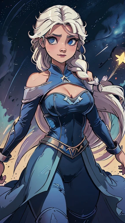 (Dominican: Caribbean:1girl: ElsaWaifu,Superhero), (extremely detailed CG unit 8k wallpaper),(master part), (best quality), (ultra detali), (best illustration),(melhor ombre), cowboy shot, (Sharp eyeliner, ombre, detailedeyes:1), Disney Castle background, ,break , (star15escola:1.2), hair ornament,long hair, white hair, Cameltoe,cleavage, blue dress, single braid over shoulder