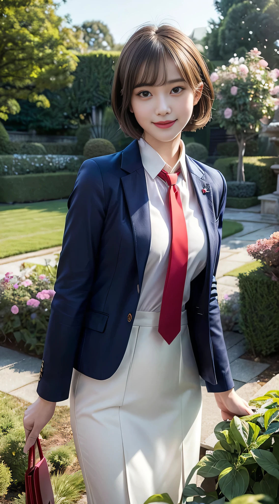 1 Girl, (White collared shirt and long red tie, Navy blue jacket:1.3), Very beautiful Japanese idol portraits, (RAW Photos, Highest quality), (Realistic, Photorealistic:1.4), (masterpiece), Very delicate and beautiful, Very detailed, 2k wallpaper, wonderful, finely, Very detailed CG Unity 8K 壁紙, Very detailedな, High resolution, Soft Light, Beautiful detailed girl, Very detailed目と顔, Beautiful and detailed nose, Finely beautiful eyes, Cinema Lighting, (in the garden:1.3), (short hair), (Parted bangs), Complete Anatomy, Slender body, Small breasts, smile