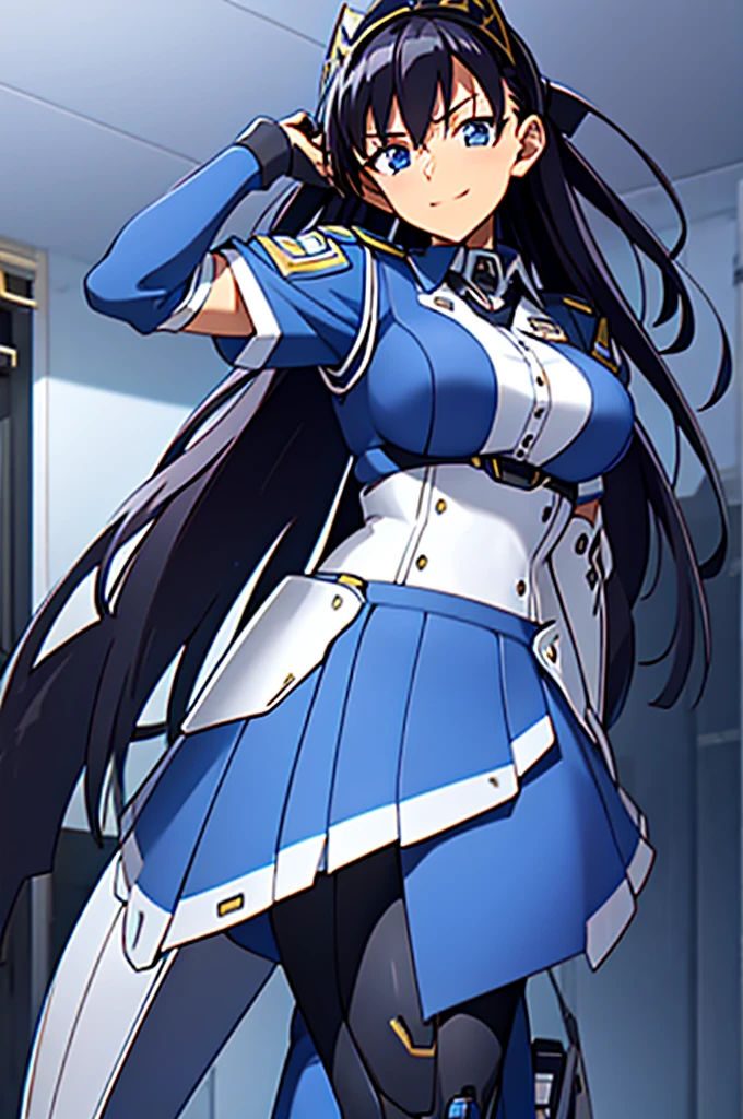 Mecha Wings、Blue Skirt、Accentuated thighs、chest、Black Hair、1 girl、solo girl、IS、Frame Arms Girl、Alice Gere Aegis、White Armor、Pink Line、income、headphone、hand on own chest、smile、Miike Naeko,One girl,alone,police,police ユニフォーム,police woman,tie