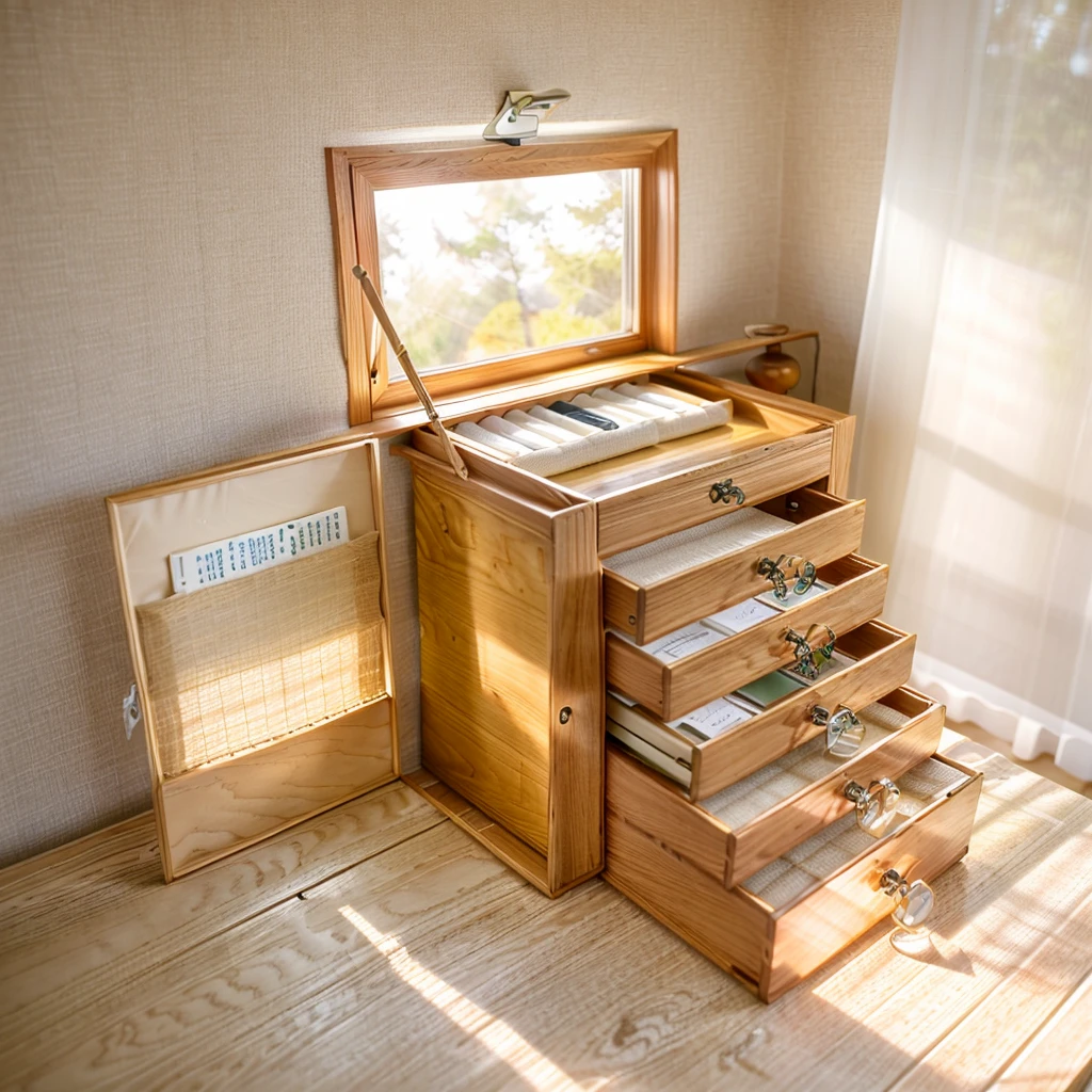 In this cozy room,A ray of sunlight shone through the half-drawn curtains on the table,Let the wood grain on the watch storage box shine with a faint luster。There was a calm and peaceful atmosphere in the air around them。There are several still lifes hanging on the walls of the room,It adds a touch of elegance to the space。And on the other side of the room,The half-open window lets in the breeze,The pages on the small desk by the window turned in the wind,This quiet scene gives a sense of tranquility and comfort。