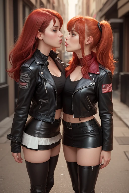 2 girls, Leather Jacket, mini skirt, Red hair, full body shot, lesbian, kiss, Face to face, pressed tightly against the chest, romance, Clyde Caldwell