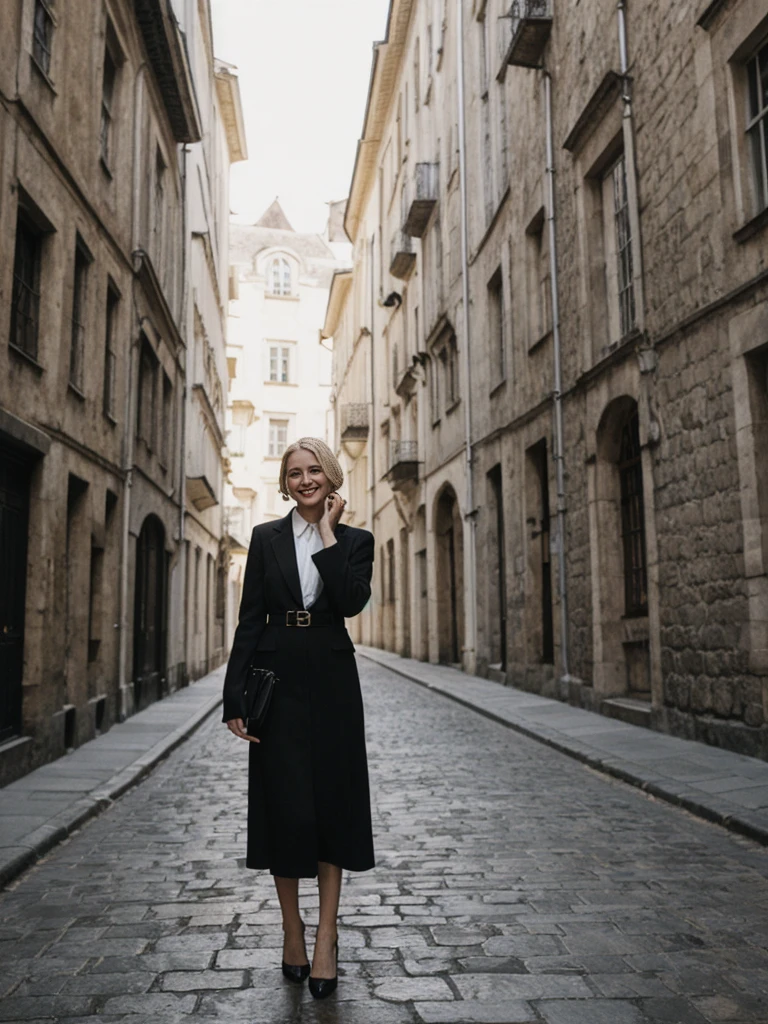 her name is Amelie, high quality, 1girl, ((25-year-old fit Caucasian woman)), ((25 years old)), ((BODY TYPE: HOURGLASS)), ((Loose Chignon blonde hair)), smiling, pose: standing, wearing Refined Trendsetting Generation-Z modern wear pastel colored, BACKGROUND:"Wandering through the Gothic Quarter, with its narrow medieval streets, hidden squares, and stunning Gothic architecture."