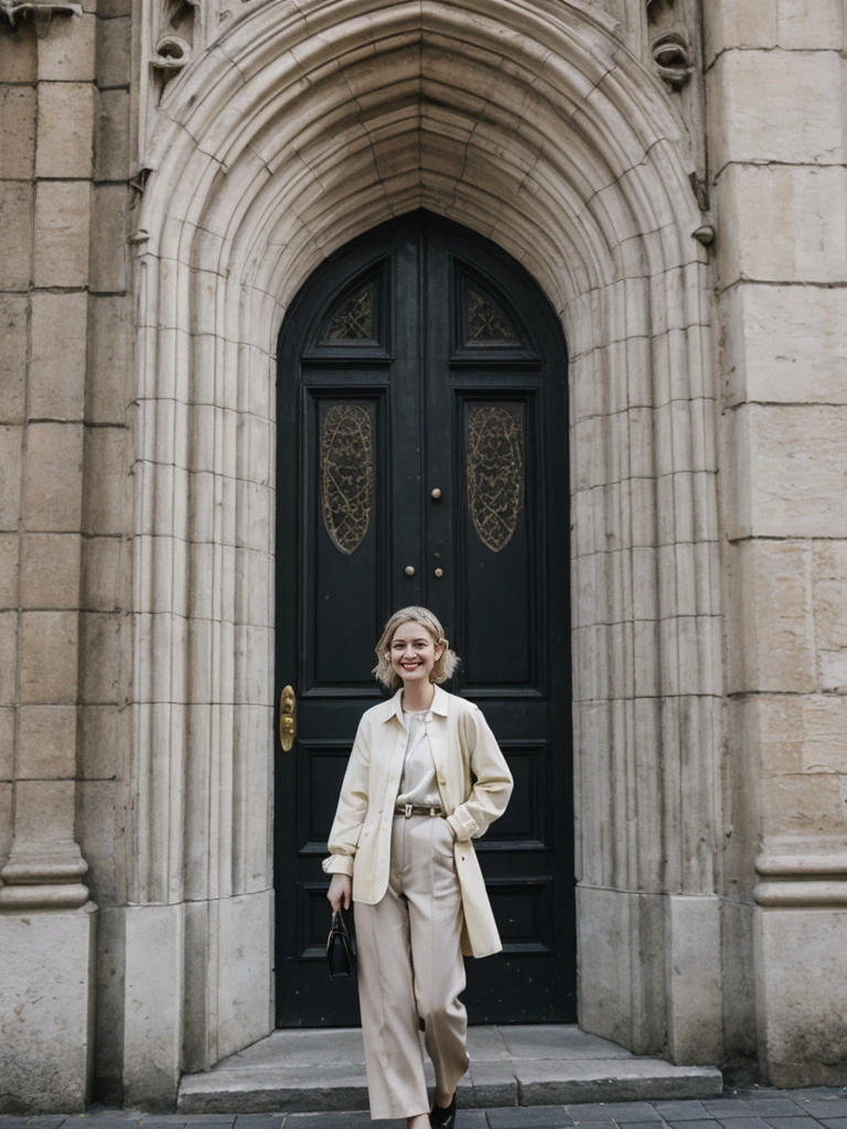 her name is Amelie, high quality, 1girl, ((25-year-old fit Caucasian woman)), ((25 years old)), ((BODY TYPE: HOURGLASS)), ((Loose Chignon blonde hair)), smiling, pose: standing, wearing Refined Trendsetting Generation-Z modern wear pastel colored, BACKGROUND:"Wandering through the Gothic Quarter, with its narrow medieval streets, hidden squares, and stunning Gothic architecture."