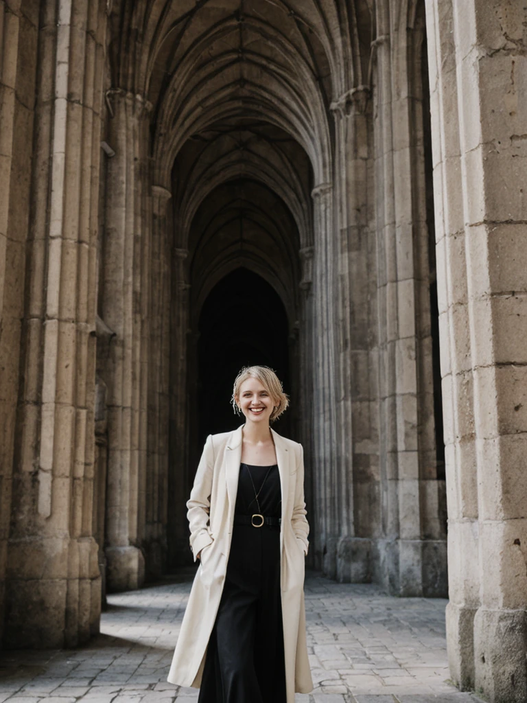 her name is Amelie, high quality, 1girl, ((25-year-old fit Caucasian woman)), ((25 years old)), ((BODY TYPE: HOURGLASS)), ((Loose Chignon blonde hair)), smiling, pose: standing, wearing Refined Trendsetting Generation-Z modern wear pastel colored, BACKGROUND:"Wandering through the Gothic Quarter, with its narrow medieval streets, hidden squares, and stunning Gothic architecture."