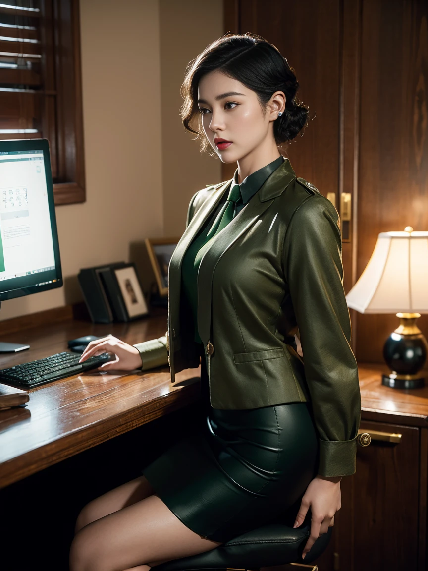 (full body),In the office, a Chinese beauty wearing a uniform, with perfect facial features, hot ass giri, lipstick, red lips, (Retro finger waves),finger waves,Deep olive green tight fitting wool jacket, a brown-green shirt,wearing (Black uniform tie),Deep Olive Green Wool Pencil Skirt, (Black high heeled knee high boots), full body, Wearing headphones on the head,Sitting in front of a computer and working, sitting in an office chair ,(Her boyfriend is standing across from her,) a girl, a boy, full body , office, night, bright lighting, Best quality, masterpiece, ultra highs, (photosensitive: 1.4), 8k portal of beautiful, integrated, elegantly, highly detailed, Majestic, art by artwork and run jia and greg rutkowski, (masterpiece, sidelighting, finely detailed beautiful eyes: 1.2), HDR, Detailed background,dressed in 1940s style clothing,