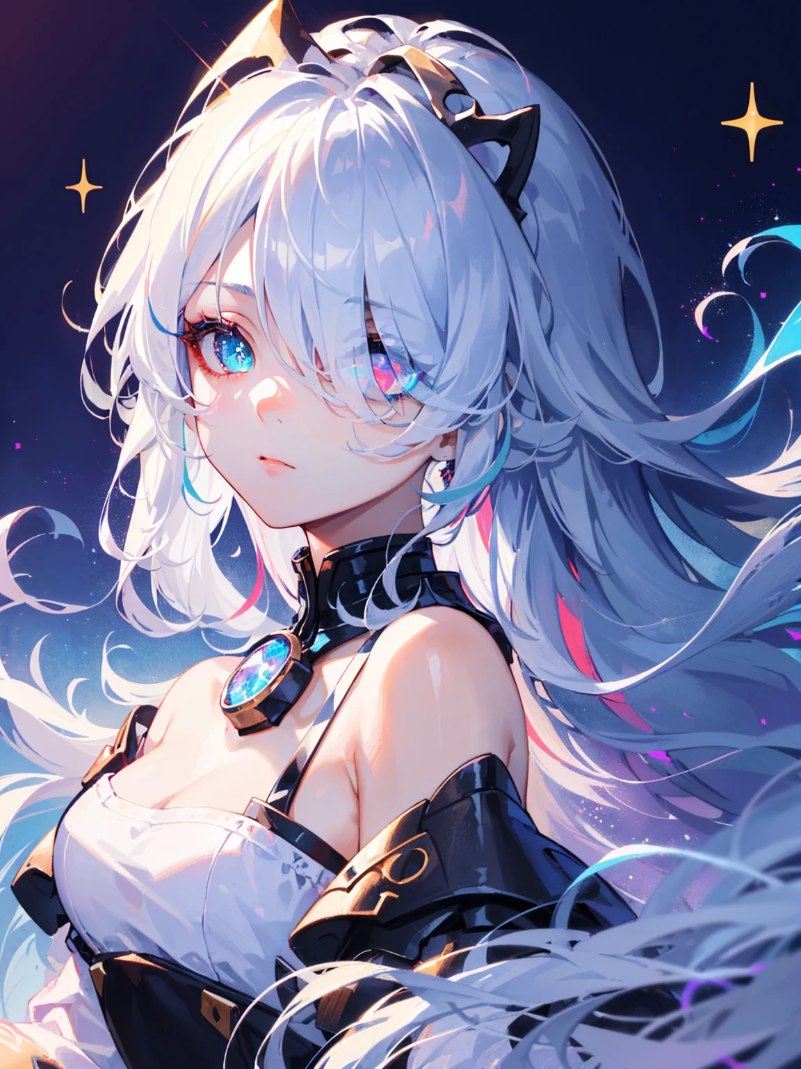 ((masterpiece)), (best quality), (detailed), (1girl), (inner data stream) light blue gradient hair, light blue glowing eyes, straight hair, wearing a modern white shirt, off shoulder, covered by data particles, locked around the neck, detailed iris, sparkle eyes, enchanting purple eyes, (multicolored eyes), (heterochromia), (messy hair:1.3), (hair over one eye:1.3), (wavy hair:1.1),