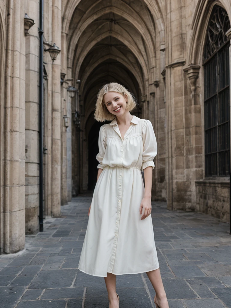 her name is Amelie, high quality, 1girl, ((25-year-old fit Caucasian woman)), ((25 years old)), ((BODY TYPE: HOURGLASS)), ((Loose Chignon blonde hair)), smiling, pose: standing, wearing Refined Trendsetting Generation-Z modern wear pastel colored, BACKGROUND:"Wandering through the Gothic Quarter, with its narrow medieval streets, hidden squares, and stunning Gothic architecture."