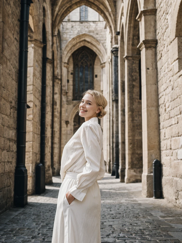 her name is Amelie, high quality, 1girl, ((25-year-old fit Caucasian woman)), ((25 years old)), ((BODY TYPE: HOURGLASS)), ((Loose Chignon blonde hair)), smiling, pose: standing, wearing Refined Trendsetting Generation-Z modern wear pastel colored, BACKGROUND:"Wandering through the Gothic Quarter, with its narrow medieval streets, hidden squares, and stunning Gothic architecture."