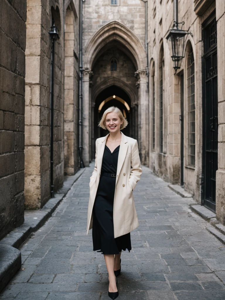 her name is Amelie, high quality, 1girl, ((25-year-old fit Caucasian woman)), ((25 years old)), ((BODY TYPE: HOURGLASS)), ((Loose Chignon blonde hair)), smiling, pose: standing, wearing Refined Trendsetting Generation-Z modern wear pastel colored, BACKGROUND:"Wandering through the Gothic Quarter, with its narrow medieval streets, hidden squares, and stunning Gothic architecture."