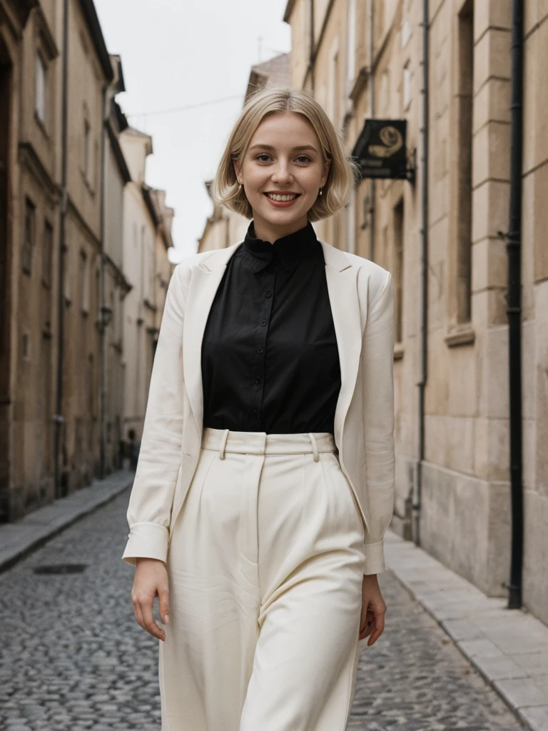 her name is Amelie, high quality, 1girl, ((25-year-old fit Caucasian woman)), ((25 years old)), ((BODY TYPE: HOURGLASS)), ((Loose Chignon blonde hair)), smiling, pose: standing, wearing Refined Trendsetting Generation-Z modern wear pastel colored, BACKGROUND:"Wandering through the Gothic Quarter, with its narrow medieval streets, hidden squares, and stunning Gothic architecture."