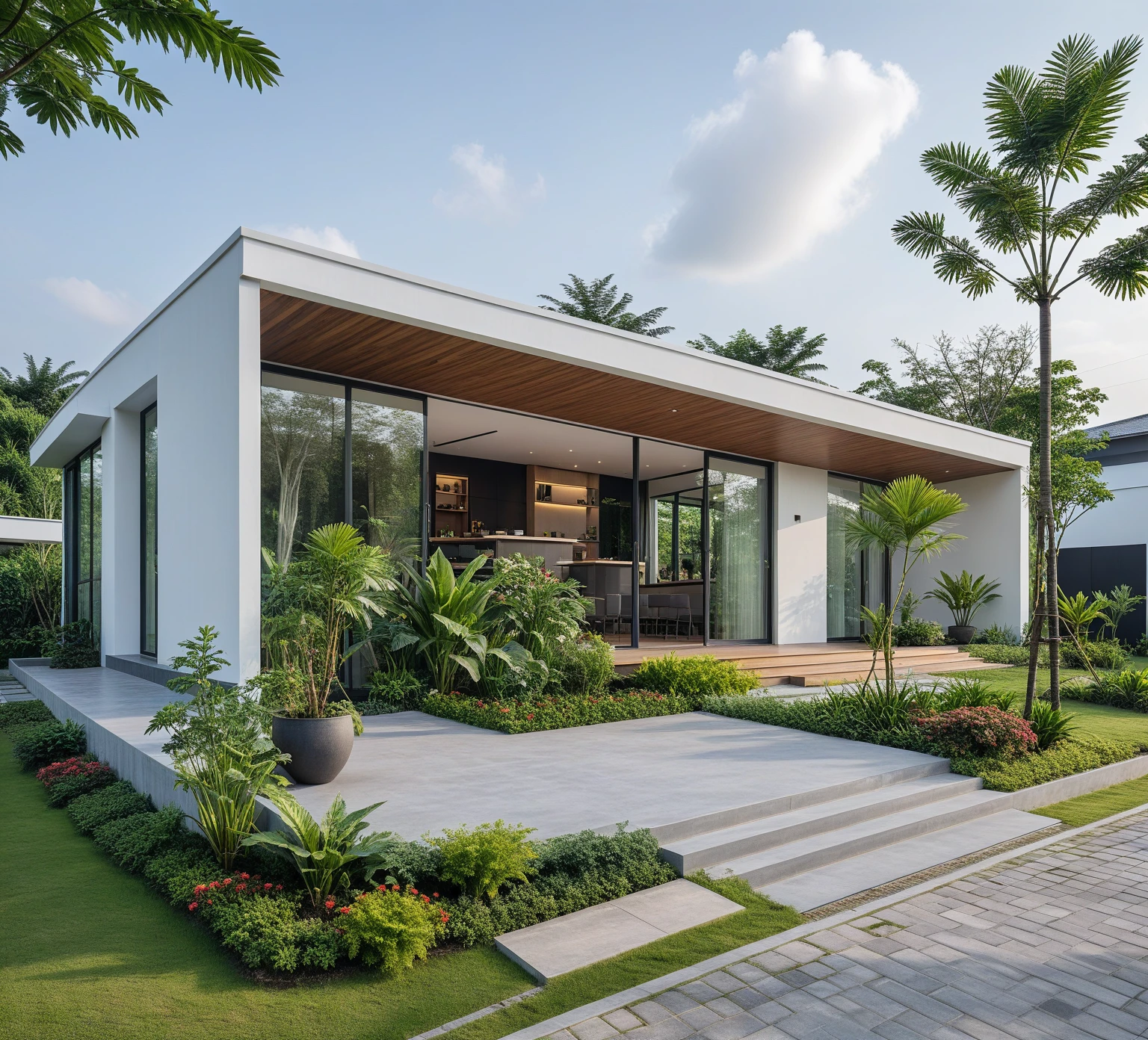 A hyper-realistic , a modern one-story house with a minimalist design, (very small house: 1.2) ,((with a facade less than 4 meters wide:1.2)), white and glass materials, wood, The house has a flat roof, large floor-to-ceiling glass windows, The garden includes various tropical plants and trees. (house as the showroom mini furniture:1.2), front view, elevation view