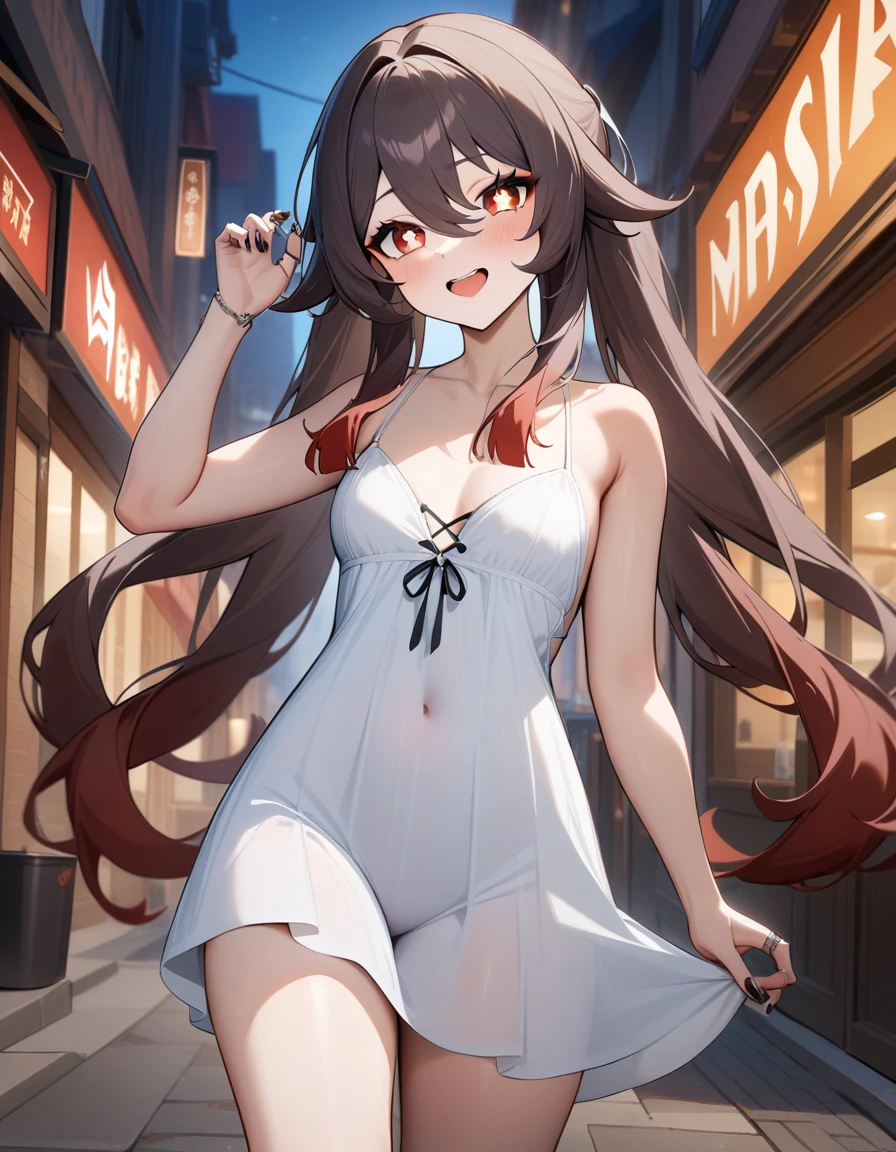 1girl, hu tao \(genshin impact\), genshin impact,night dress,city street,masterpiece,very aesthetic,newest,sensitive