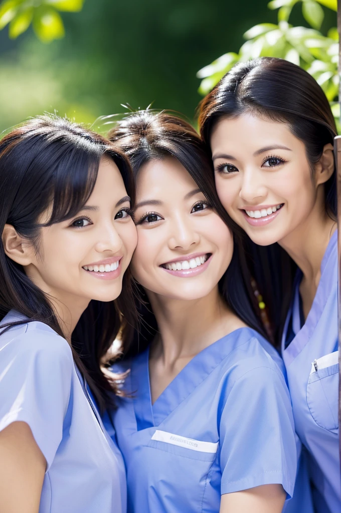 Dental hygienists, two women, all wearing medical scrubs　Short sleeves Japanese Black hair Early 30s Female　Upper body close-up　high resolution　high resolution　Highest quality　smile　Shooting outside　Harmony々