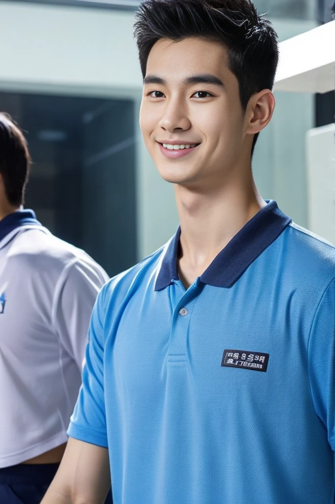 Korean man, Inspiration from Peng Yuyan, 23 years old, Korean muscular man ,The computer room is in the back. Sports t-shirts, polo, tight, navy blue., open mouth smile